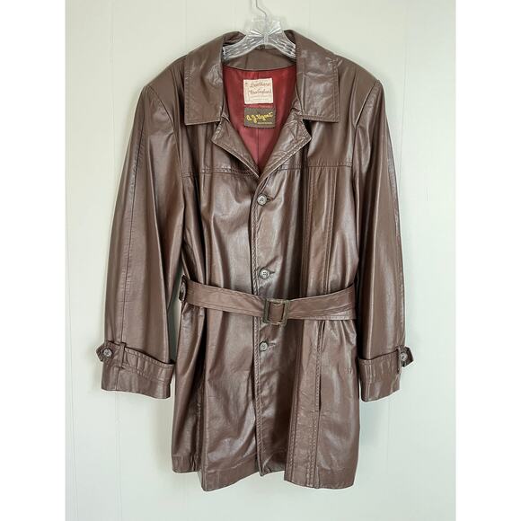 Vintage 60s 70s Brown Leather Short Trench Coat Jacket Belted XL Made in USA - Picture 9 of 16